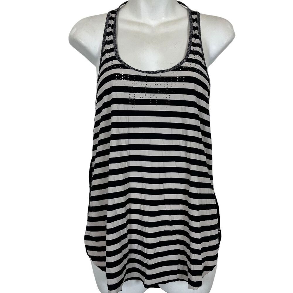 LULULEMON ATHLETICA White Black Racerback Tank Top Shirt Striped Perforated XS